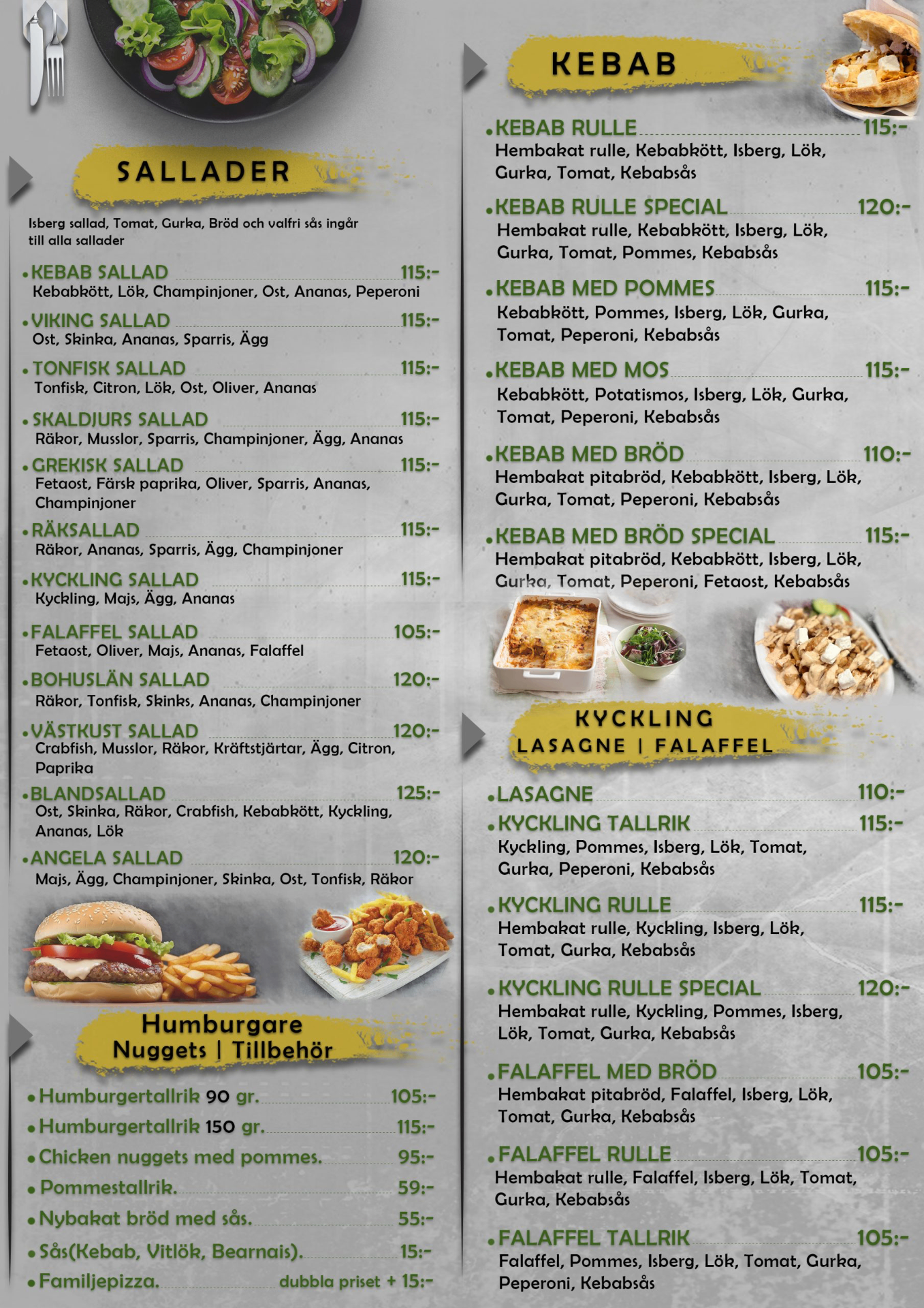 Pizzeria Vikings menytavla — Sallader, kebab, kyckling, lasagne, falaffel och tillbehör