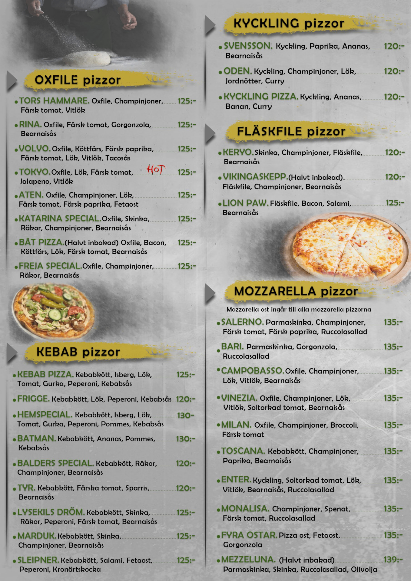 Pizzeria Vikings menytavla — Oxfile-, kebab-, kyckling-, fläskfile- och mozzarellapizzor